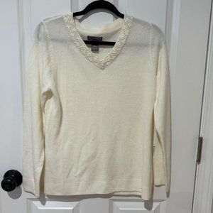 Laura Scott Cream Embellished V Neck Sweater - Size Small